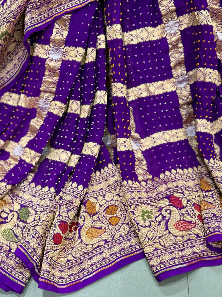 Purple Sarkam Bandhej on Pure Banarasi Silk Georgette Saree with Gharchola Jaal Meenakari Detailling and Border | SILK MARK CERTIFIED