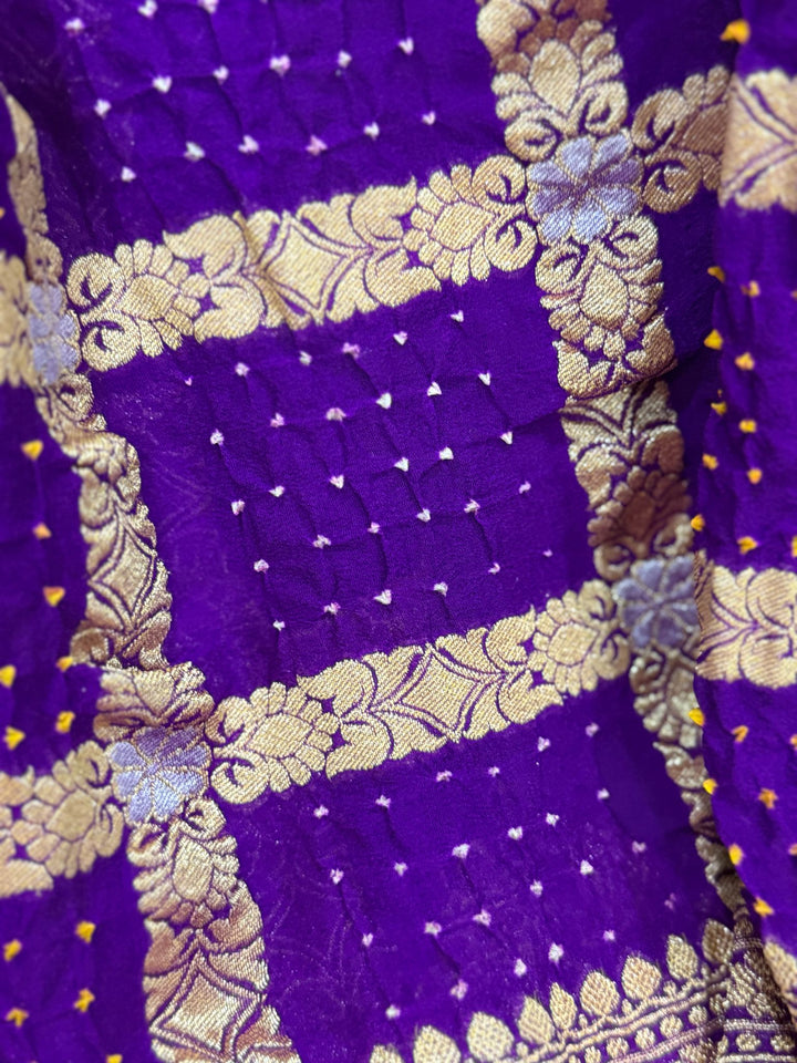 Purple Sarkam Bandhej on Pure Banarasi Silk Georgette Saree with Gharchola Jaal Meenakari Detailling and Border | SILK MARK CERTIFIED