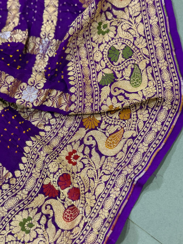 Purple Sarkam Bandhej on Pure Banarasi Silk Georgette Saree with Gharchola Jaal Meenakari Detailling and Border | SILK MARK CERTIFIED