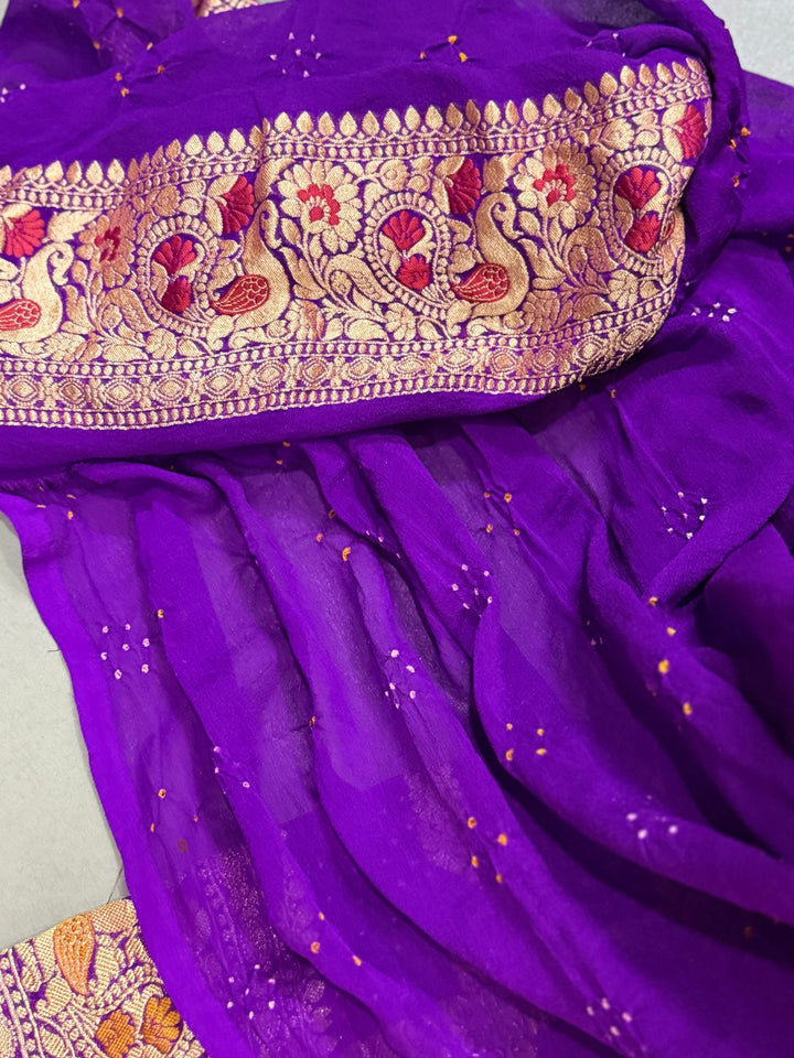 Purple Sarkam Bandhej on Pure Banarasi Silk Georgette Saree with Gharchola Jaal Meenakari Detailling and Border | SILK MARK CERTIFIED
