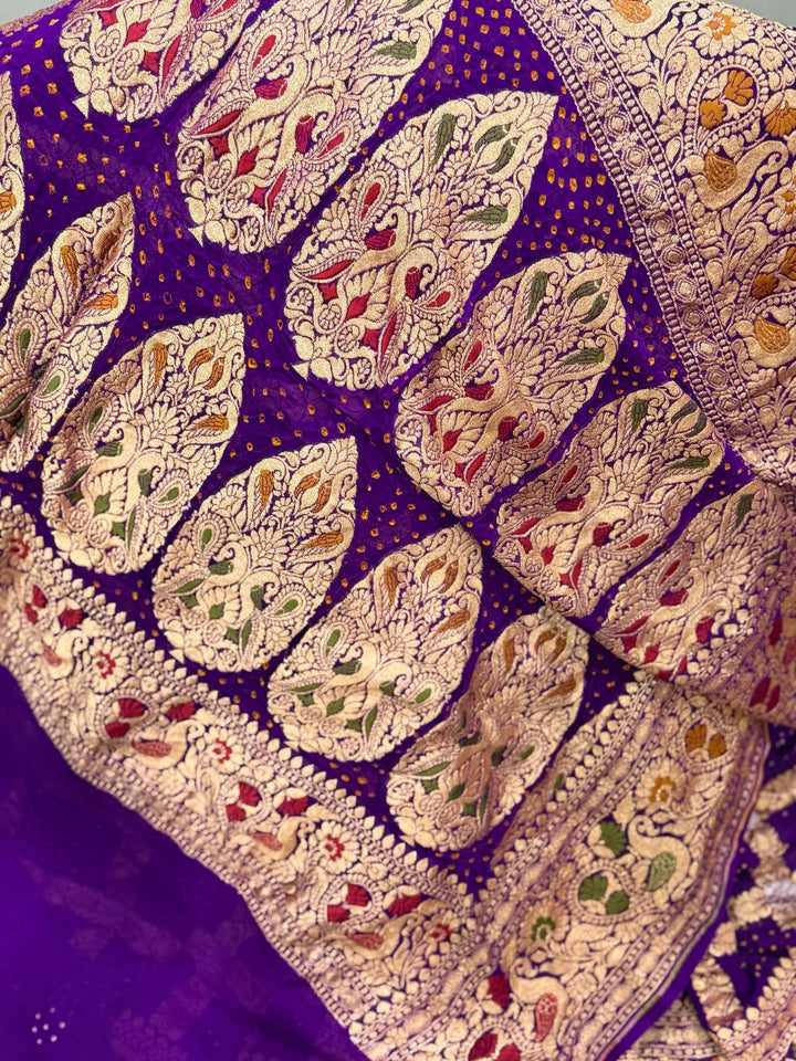 Purple Sarkam Bandhej on Pure Banarasi Silk Georgette Saree with Gharchola Jaal Meenakari Detailling and Border | SILK MARK CERTIFIED