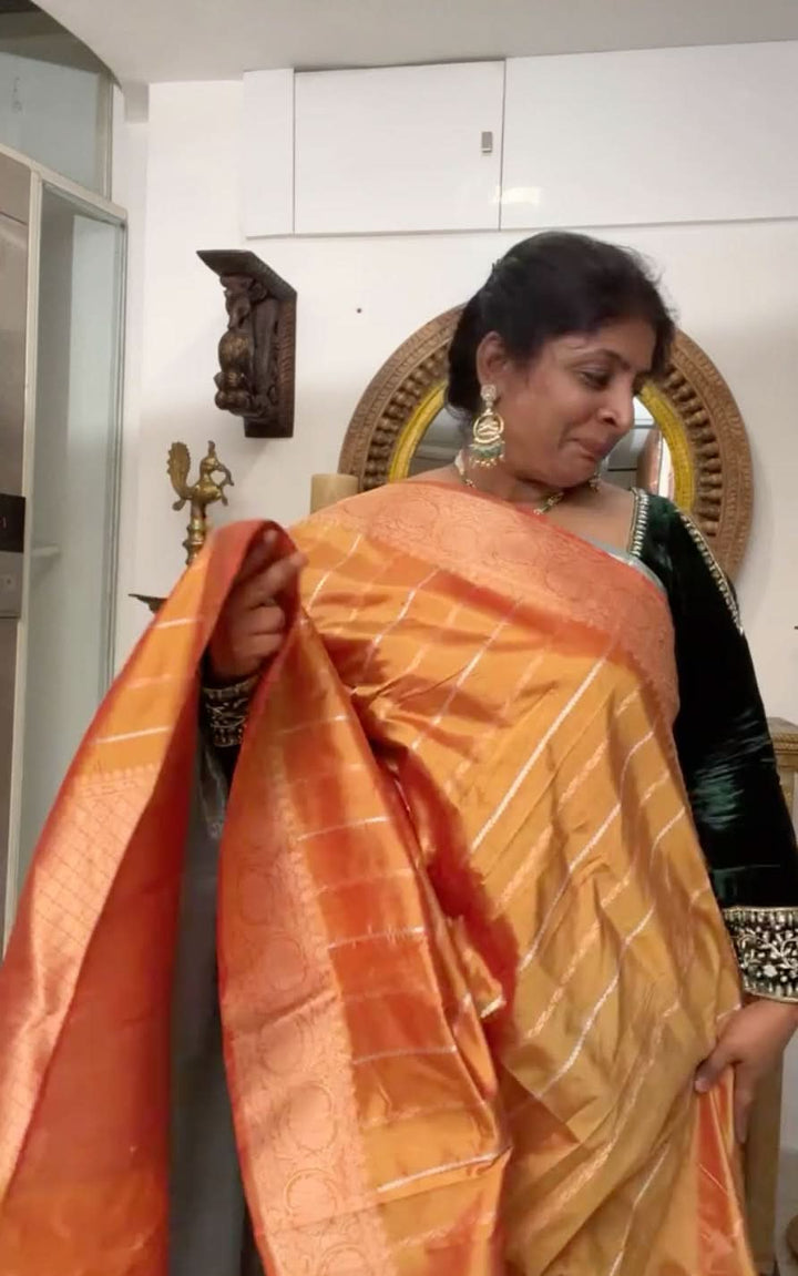 Banarasi Katan Silk Saree with Sona Rupa Vertical stripes and Borders on Frost Mustard | SILK MARK CERTIFIED