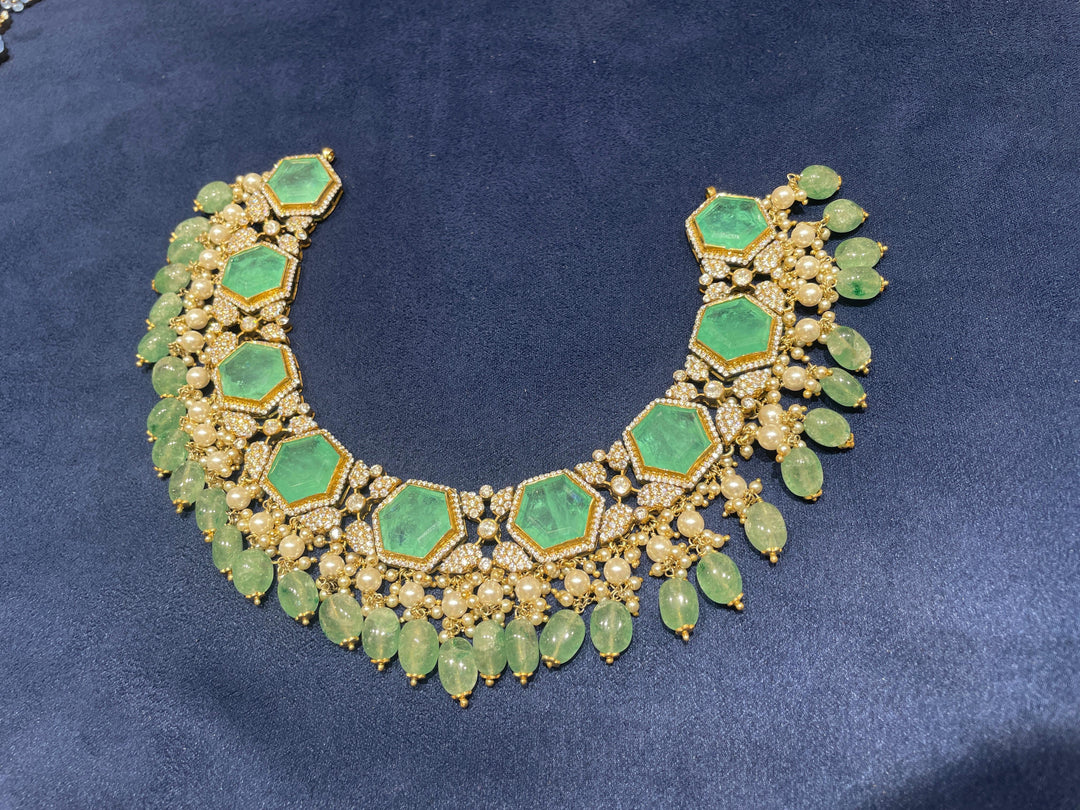 92.5 Silver Enchanted Emerald and Pearl Necklace Set with Dangling Beads