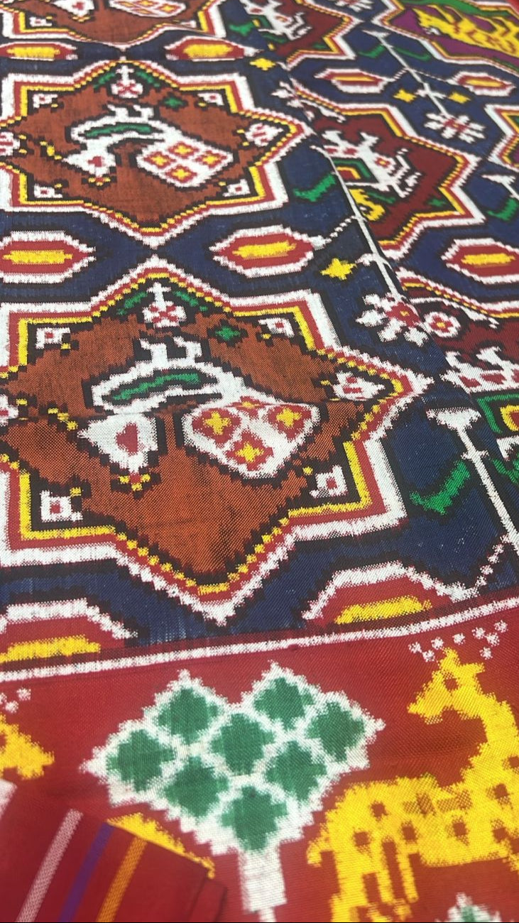 Authentic Patan Patola Double Ikkat Pure Silk Saree in Blue with Moroccan Design Jaal | SILK MARK CERTIFIED
