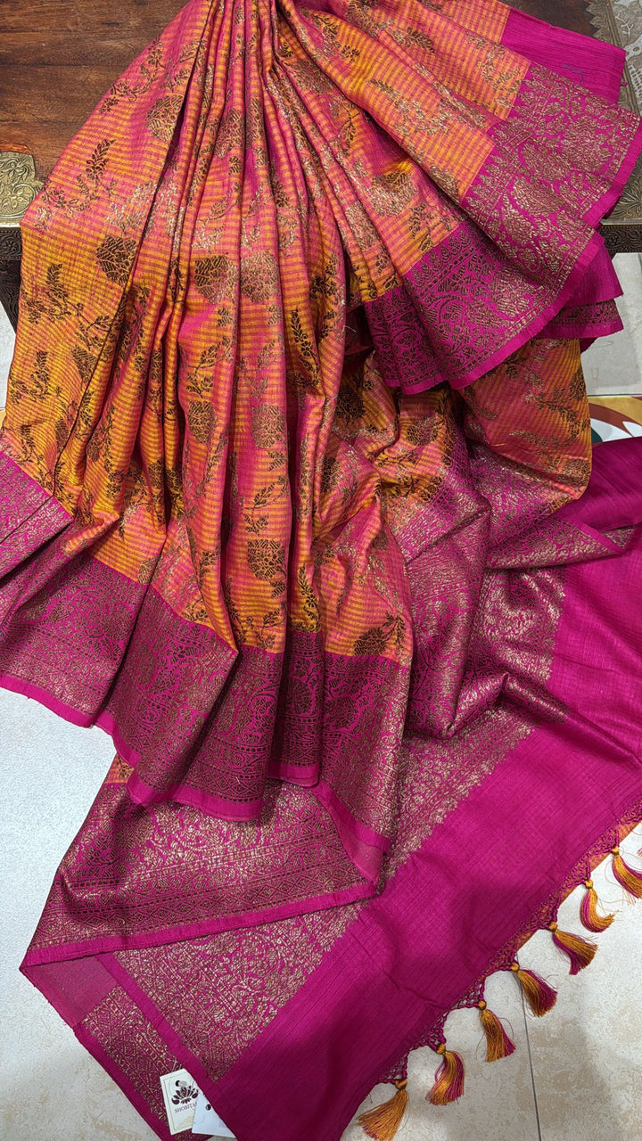 Orange-Pink dual tone Dupion Banarasi Silk Saree with Antique Zari Kadhuwa Jungla Floral Jaal and Zari Border| SILK MARK CERTIFIED