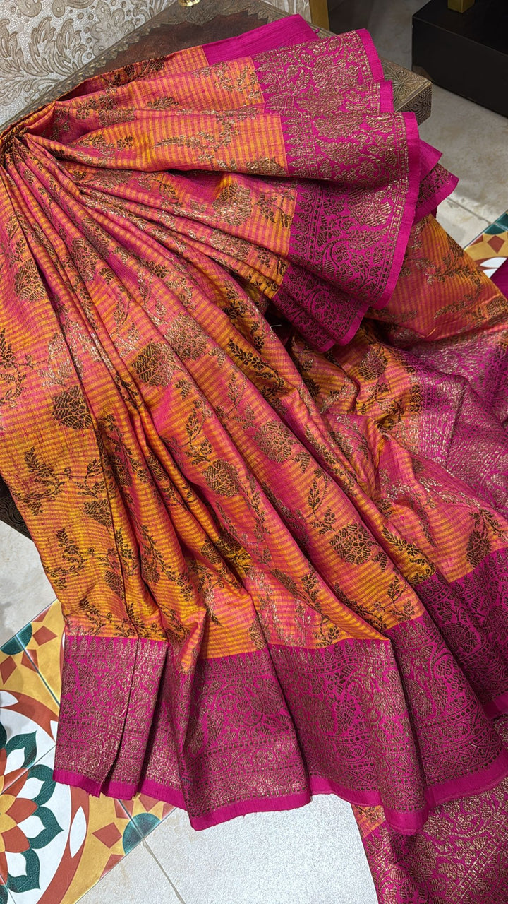 Orange-Pink dual tone Dupion Banarasi Silk Saree with Antique Zari Kadhuwa Jungla Floral Jaal and Zari Border| SILK MARK CERTIFIED