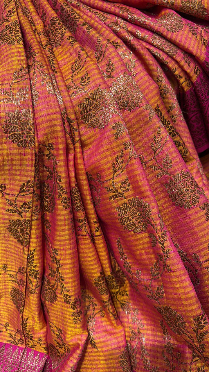Orange-Pink dual tone Dupion Banarasi Silk Saree with Antique Zari Kadhuwa Jungla Floral Jaal and Zari Border| SILK MARK CERTIFIED