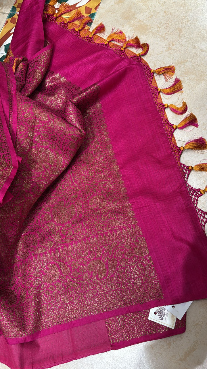 Orange-Pink dual tone Dupion Banarasi Silk Saree with Antique Zari Kadhuwa Jungla Floral Jaal and Zari Border| SILK MARK CERTIFIED