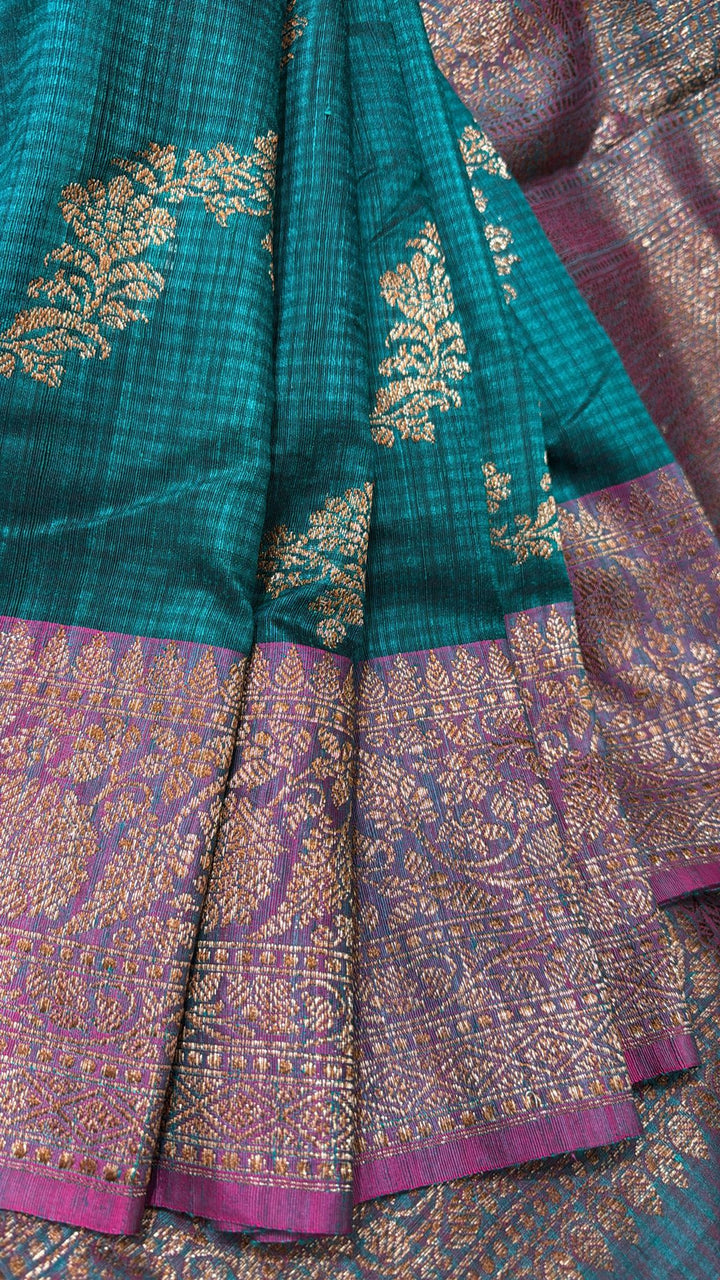 Teal Dupion Banarasi Pure Silk Saree with kadhuwa leheria jaal pattern and zari Borders | SILK MARK CERTIFIED