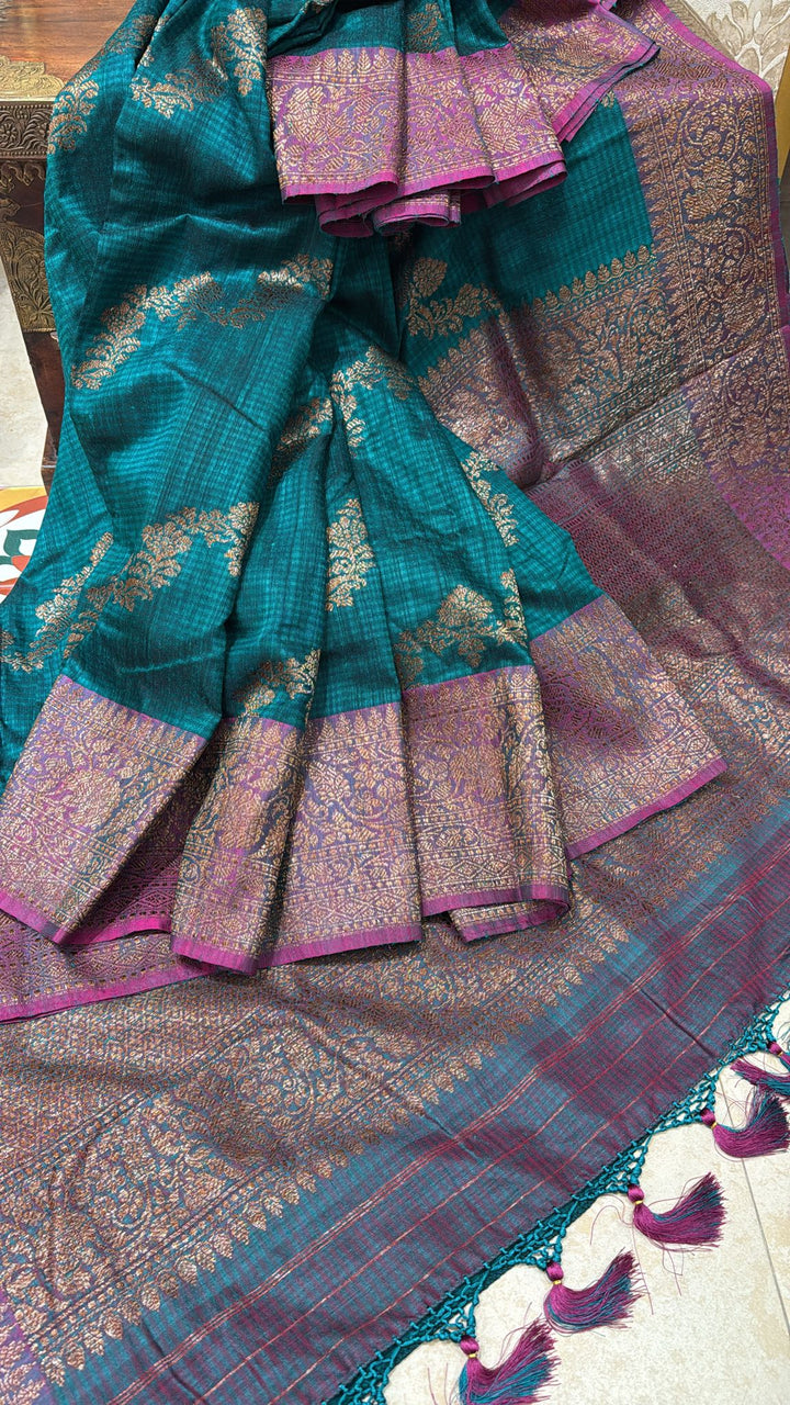 Teal Dupion Banarasi Pure Silk Saree with kadhuwa leheria jaal pattern and zari Borders | SILK MARK CERTIFIED