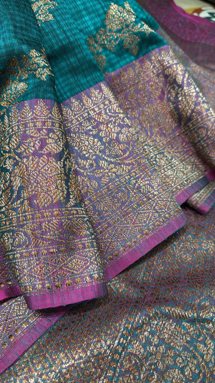 Teal Dupion Banarasi Pure Silk Saree with kadhuwa leheria jaal pattern and zari Borders | SILK MARK CERTIFIED