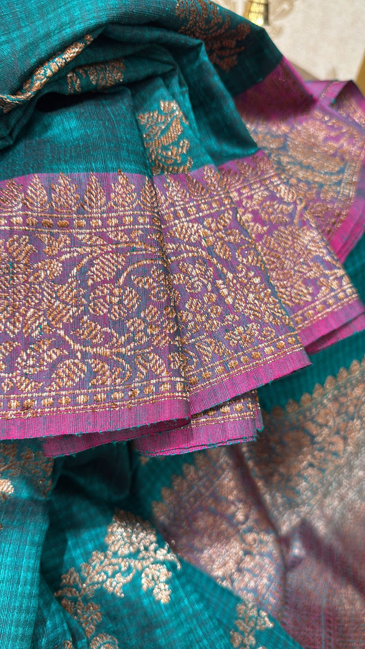 Teal Dupion Banarasi Pure Silk Saree with kadhuwa leheria jaal pattern and zari Borders | SILK MARK CERTIFIED