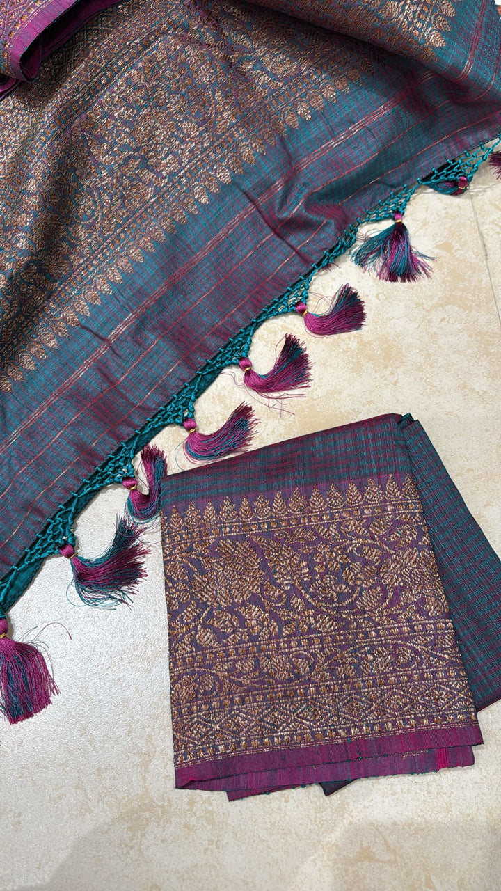 Teal Dupion Banarasi Pure Silk Saree with kadhuwa leheria jaal pattern and zari Borders | SILK MARK CERTIFIED