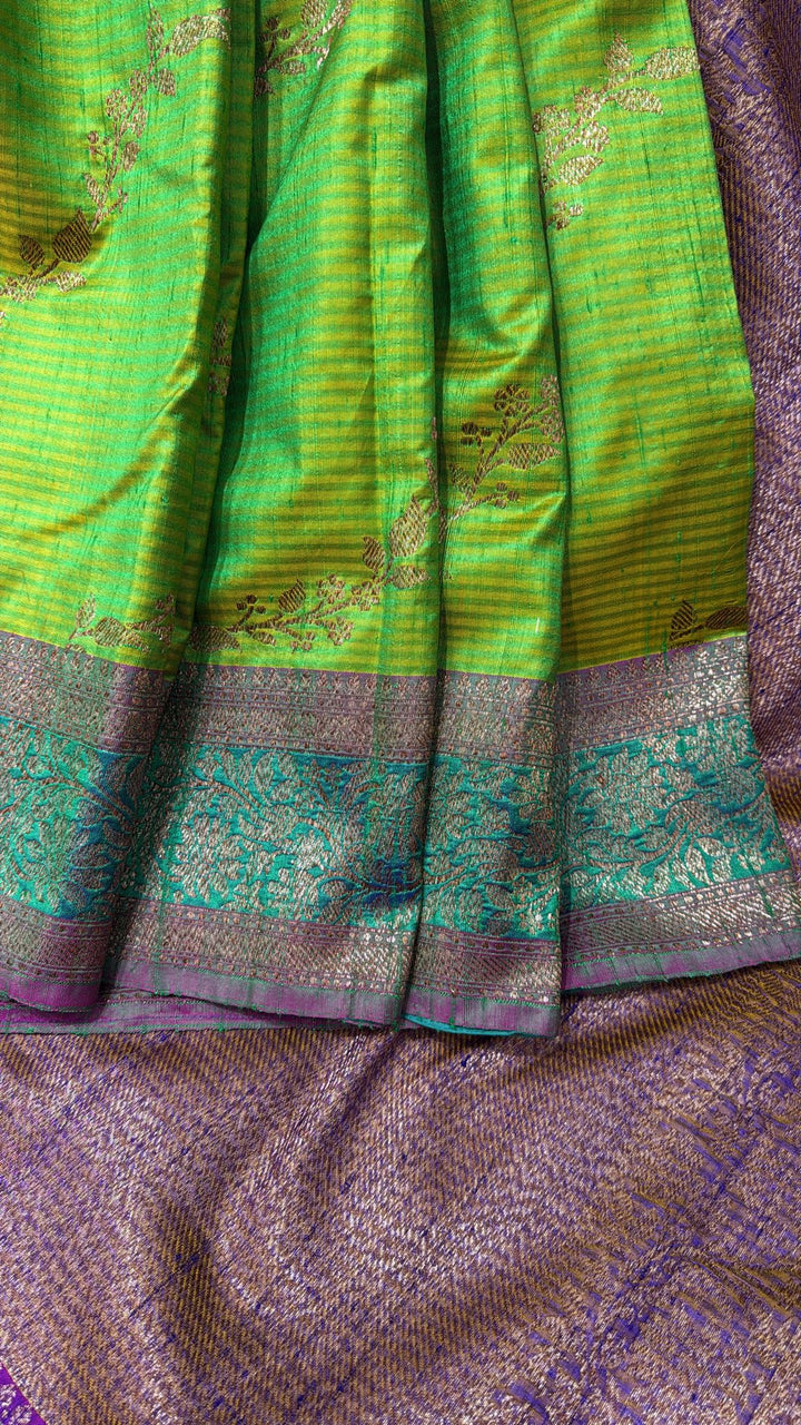 Green -Yellow Dual Tone Dupion Banarasi Pure Silk Saree with Jungla Leheria Jaal Pattern and Antique Zari Borders | SILK MARK CERTIFIED