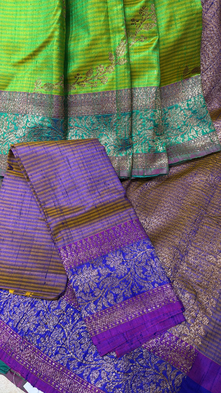 Green -Yellow Dual Tone Dupion Banarasi Pure Silk Saree with Jungla Leheria Jaal Pattern and Antique Zari Borders | SILK MARK CERTIFIED