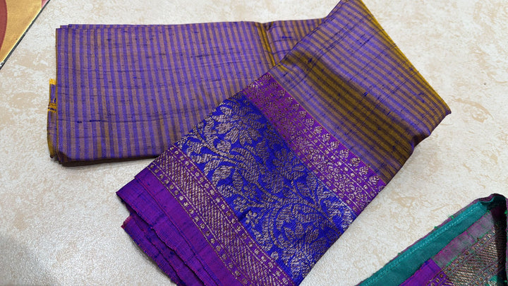 Green -Yellow Dual Tone Dupion Banarasi Pure Silk Saree with Jungla Leheria Jaal Pattern and Antique Zari Borders | SILK MARK CERTIFIED