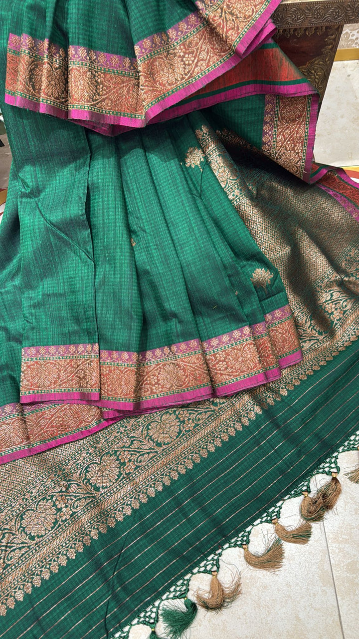 Dark Green Pure Banarasi Dupion Silk Saree with Floral Zari Buttas and Short width Purple Borders | SILK MARK CERTIFIED
