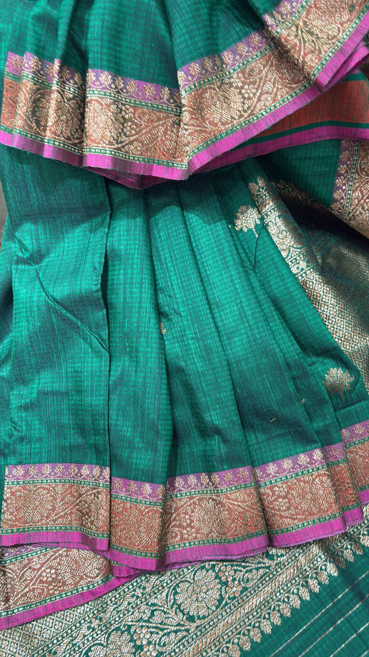 Dark Green Pure Banarasi Dupion Silk Saree with Floral Zari Buttas and Short width Purple Borders | SILK MARK CERTIFIED