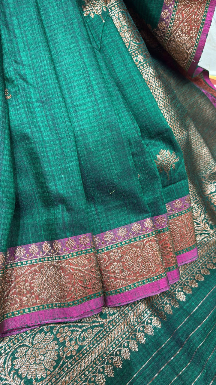 Dark Green Pure Banarasi Dupion Silk Saree with Floral Zari Buttas and Short width Purple Borders | SILK MARK CERTIFIED