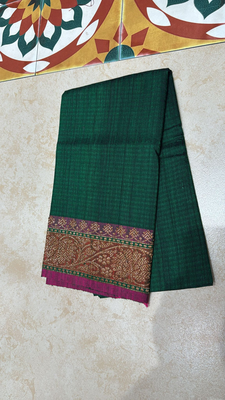 Dark Green Pure Banarasi Dupion Silk Saree with Floral Zari Buttas and Short width Purple Borders | SILK MARK CERTIFIED