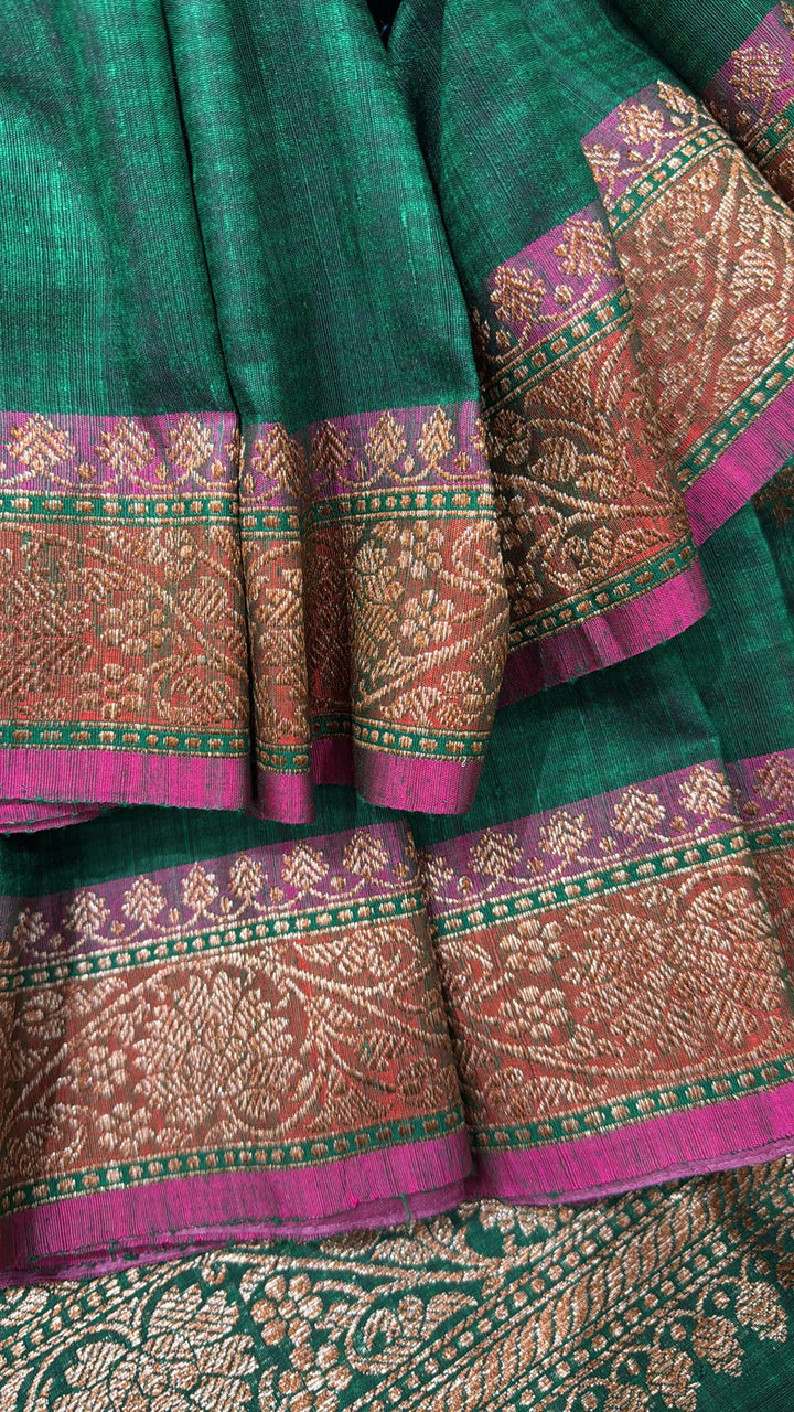 Dark Green Pure Banarasi Dupion Silk Saree with Floral Zari Buttas and Short width Purple Borders | SILK MARK CERTIFIED