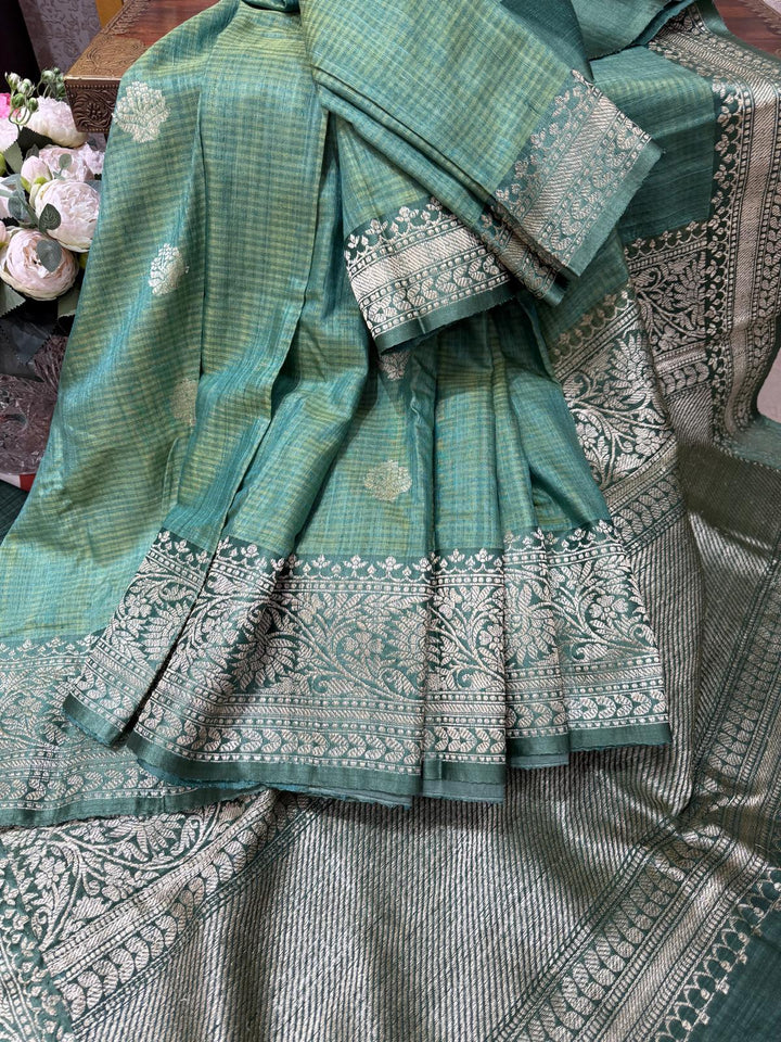 Green Dupion Banarasi Silk Saree with Floral Butta and zari Border | SILK MARK CERTIFIED