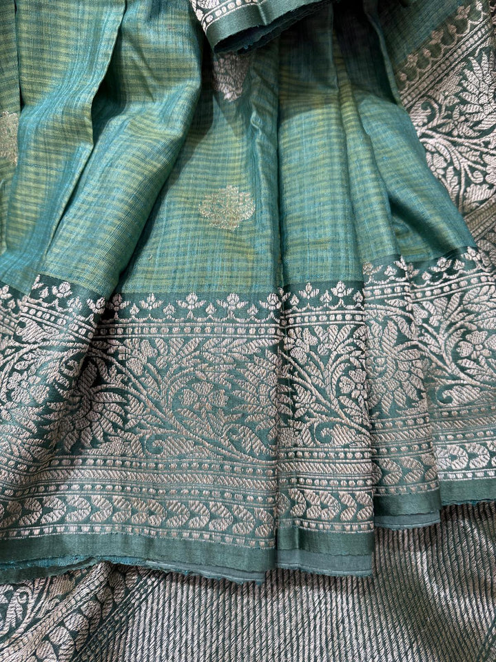 Green Dupion Banarasi Silk Saree with Floral Butta and zari Border | SILK MARK CERTIFIED