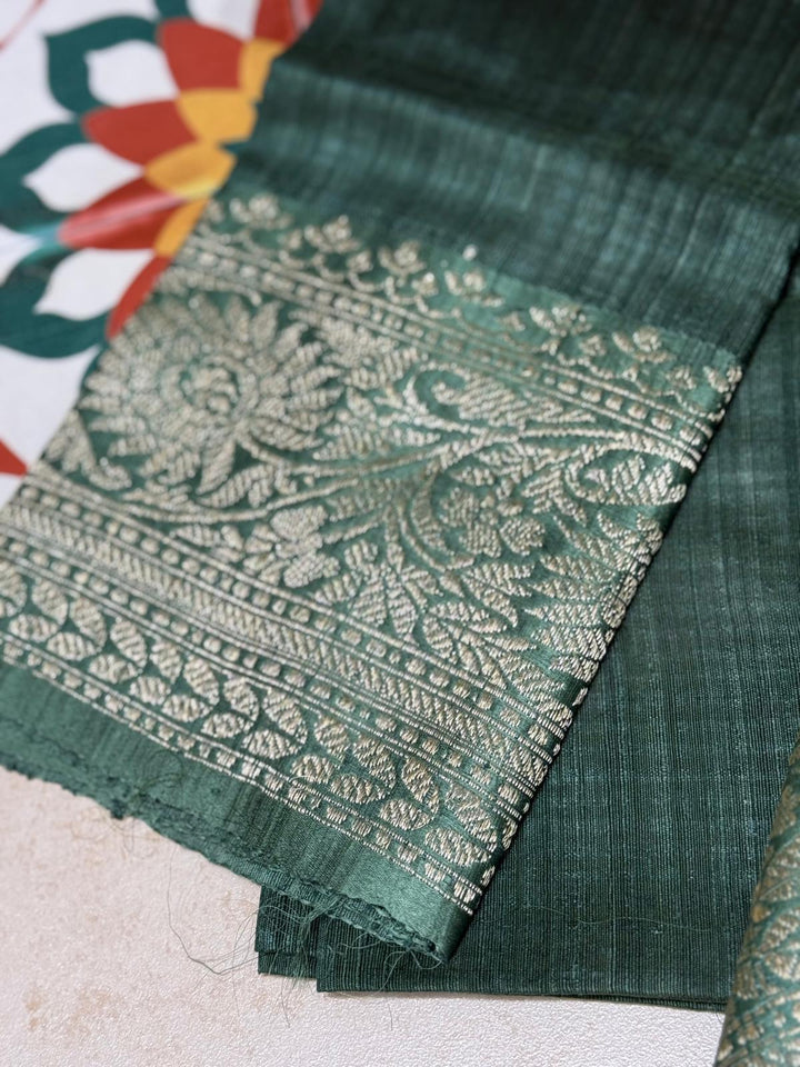 Green Dupion Banarasi Silk Saree with Floral Butta and zari Border | SILK MARK CERTIFIED