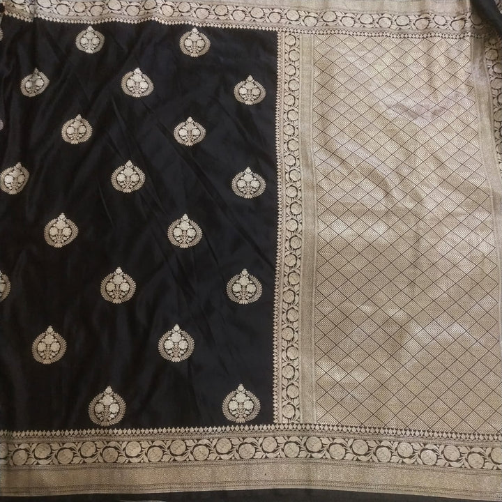 Black Banarasi Semi Mashru Silk Saree with Bigger Ornate Buttas and Zari Border
