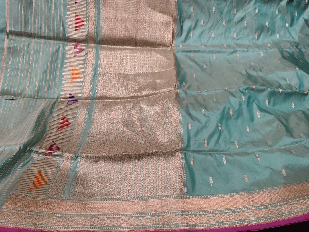 Frost Mint Green Pure Banarasi Silk Saree with Sona Rupa Butta and Geometric Zari Border | SILK MARK CERTIFIED