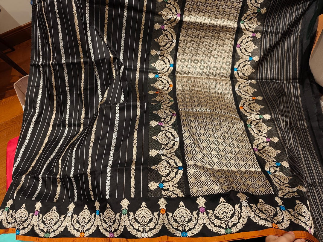 Black Pure Banarasi Silk Saree with Golden Silver Vertical stripes and Meenakari Scallop Border Rust orange selvedge | SILK MARK CERTIFIED