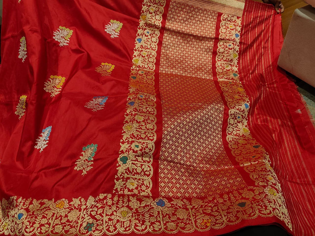 Red Pure Banarasi Silk Saree with Floral Ornate Meenakari Butta and Border | SILK MARK CERTIFIED