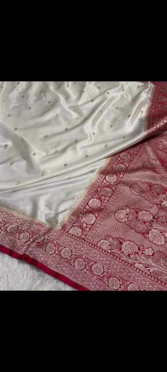 White Banarasi Semi Silk Saree with Zari Buttas and Contrast laal Par Red Zari Border