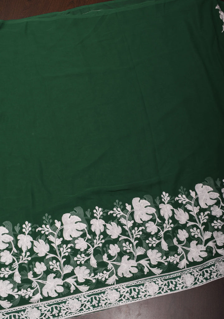 Half Jaal Kashmiri Aari Embroidered Floral Saree in Emerald Green Georgette