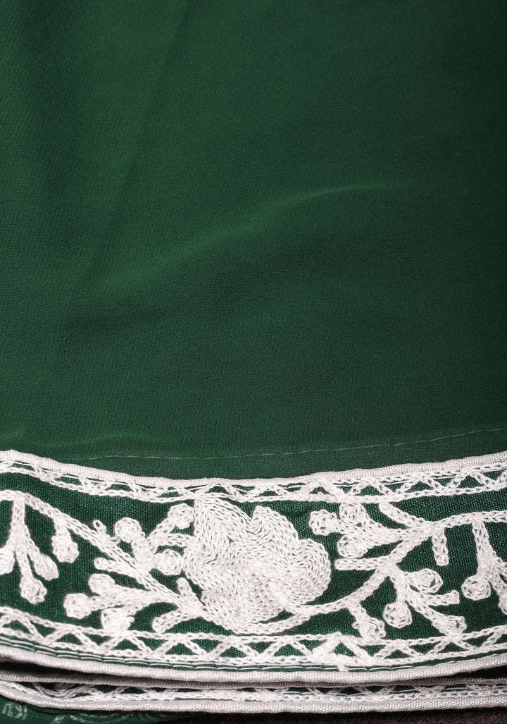 Half Jaal Kashmiri Aari Embroidered Floral Saree in Emerald Green Georgette