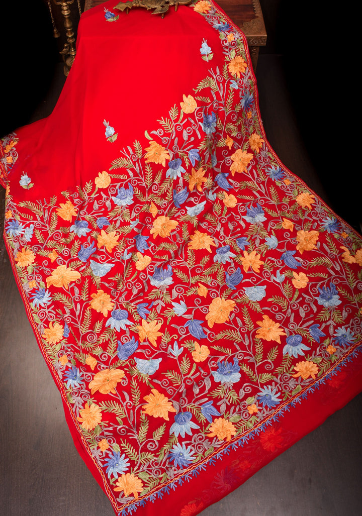 Red Kashmiri Aari Embroidered Floral Georgette Saree