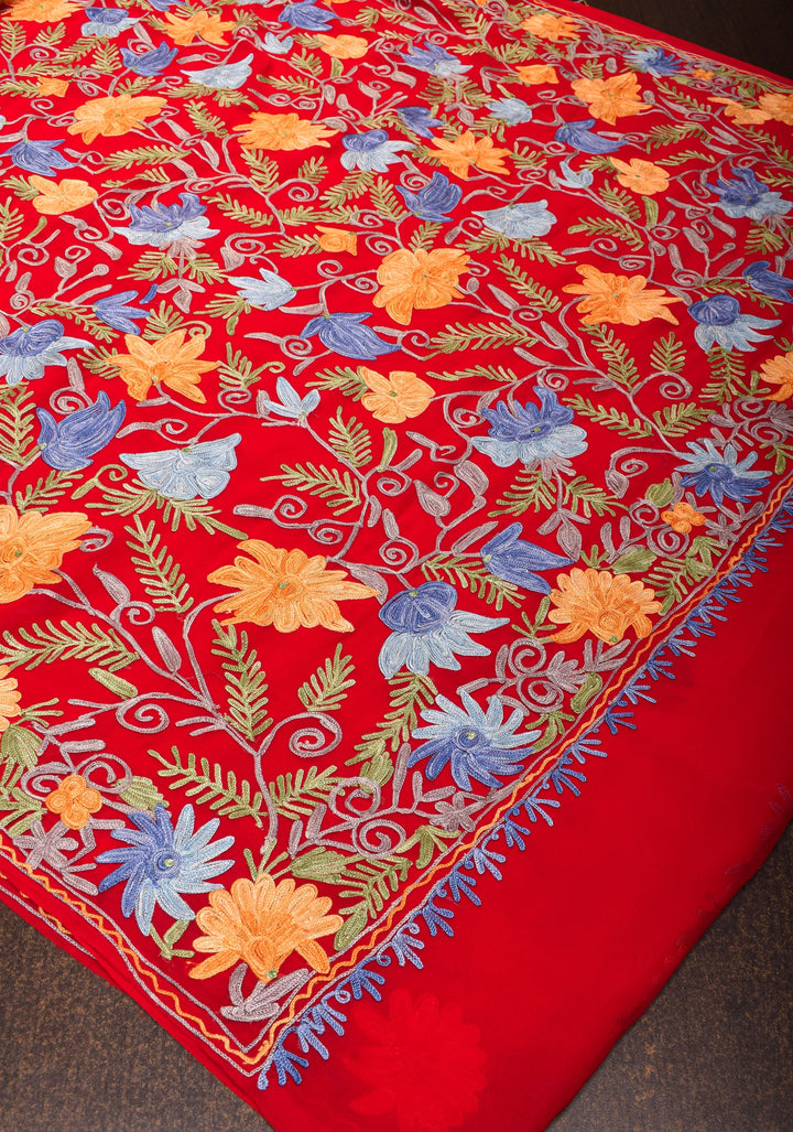 Red Kashmiri Aari Embroidered Floral Georgette Saree