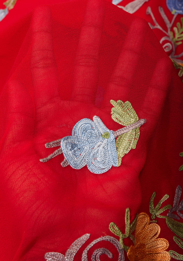 Red Kashmiri Aari Embroidered Floral Georgette Saree