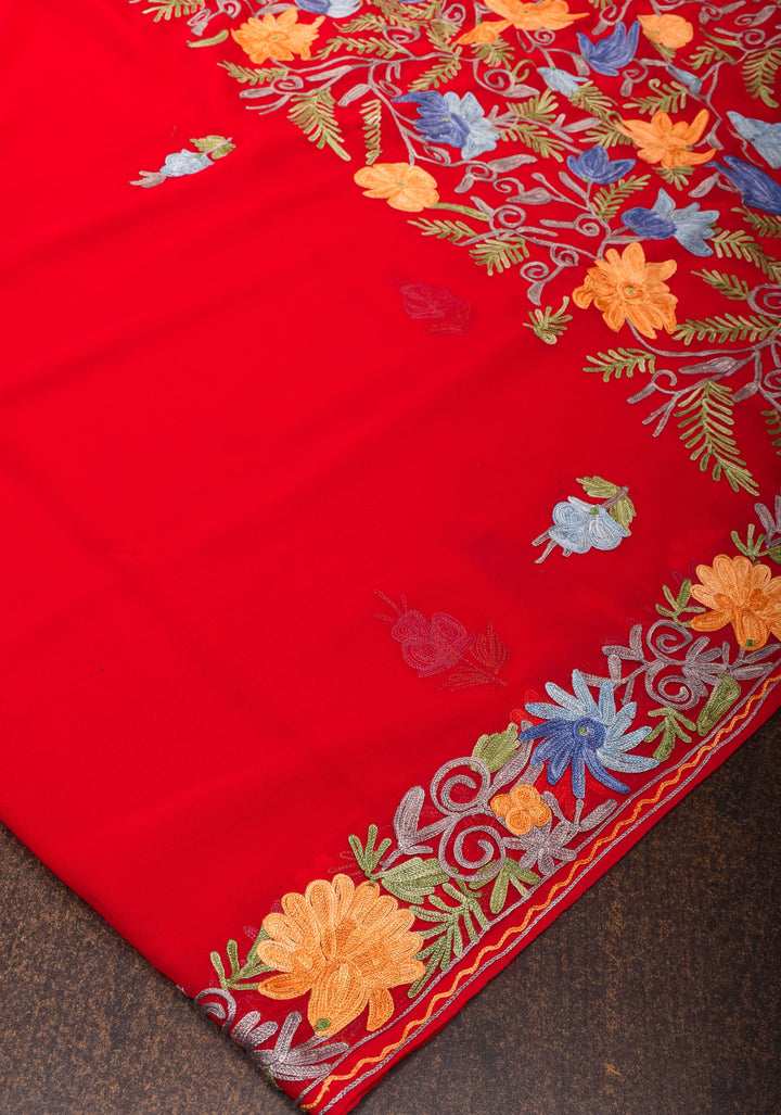 Red Kashmiri Aari Embroidered Floral Georgette Saree