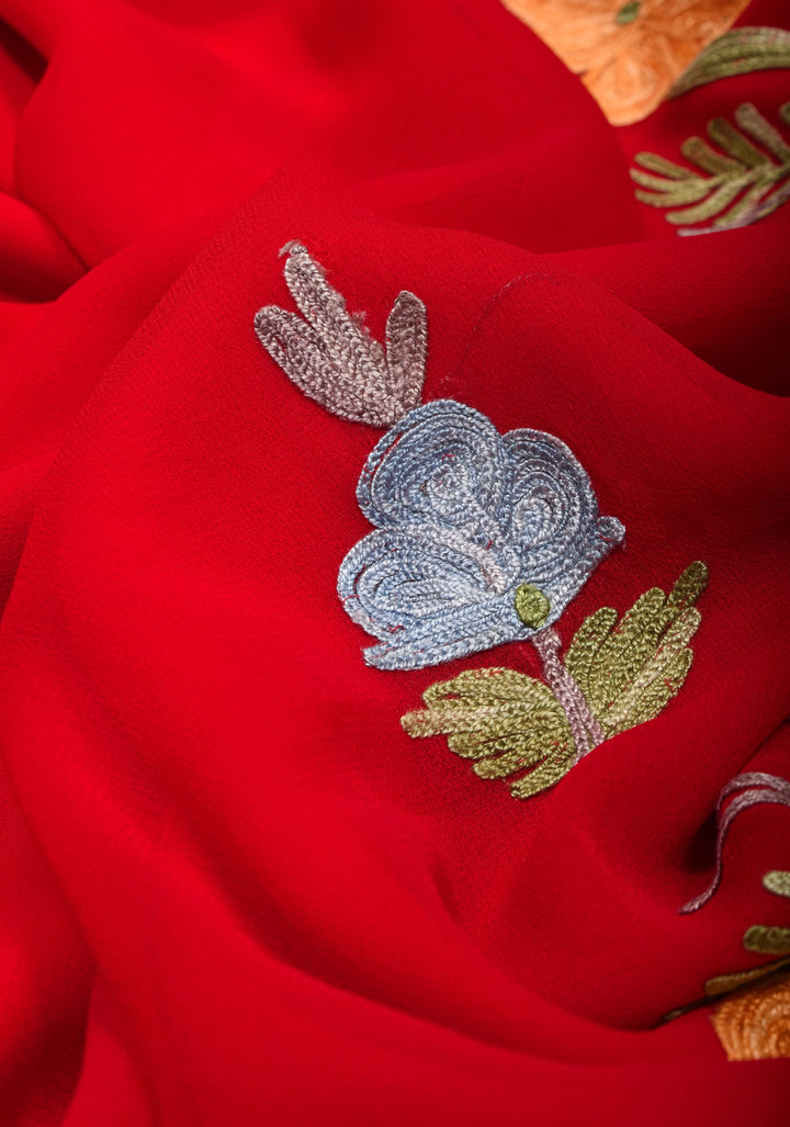 Red Kashmiri Aari Embroidered Floral Georgette Saree