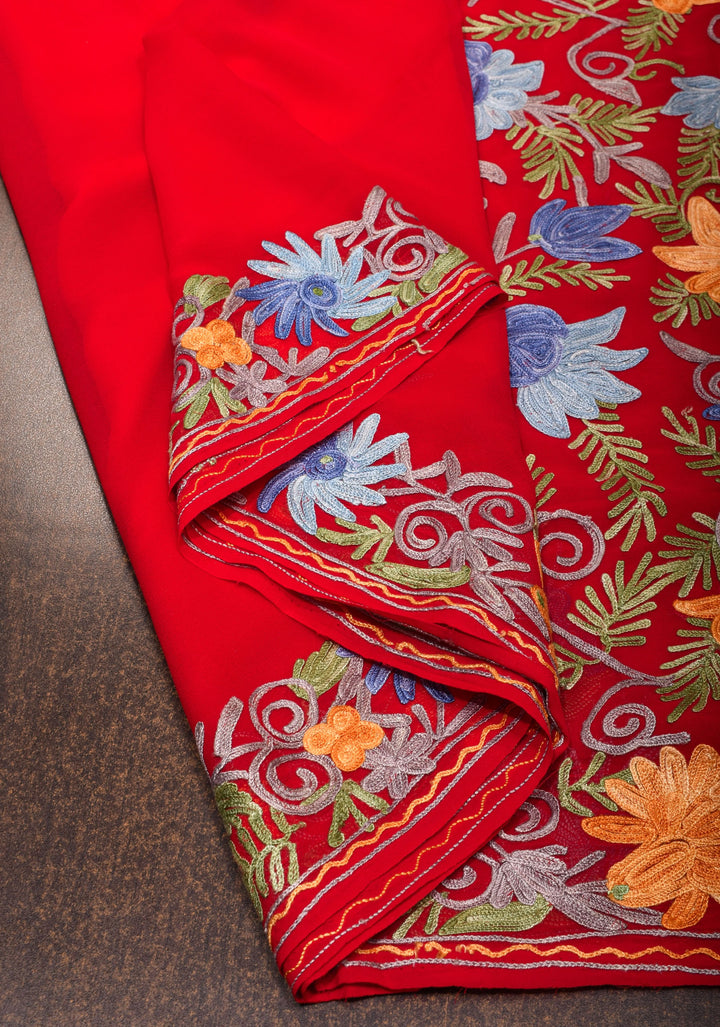 Red Kashmiri Aari Embroidered Floral Georgette Saree