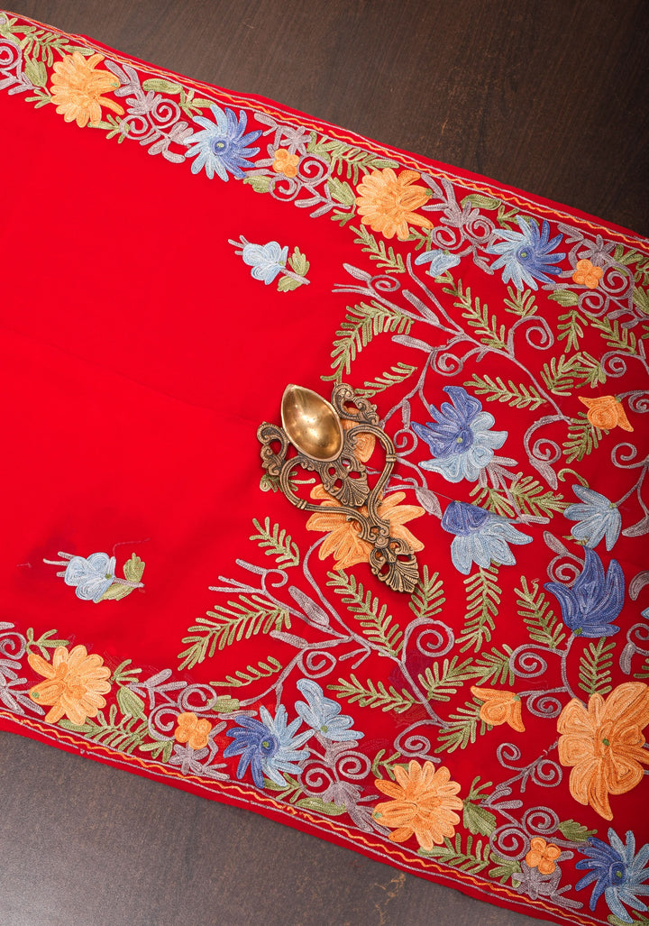 Red Kashmiri Aari Embroidered Floral Georgette Saree