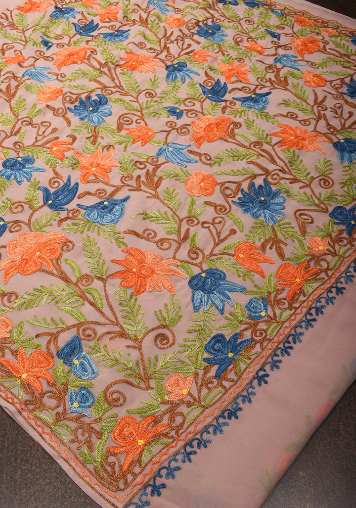Dusty mauve Kashmiri Aari Embroidered Floral Georgette Saree
