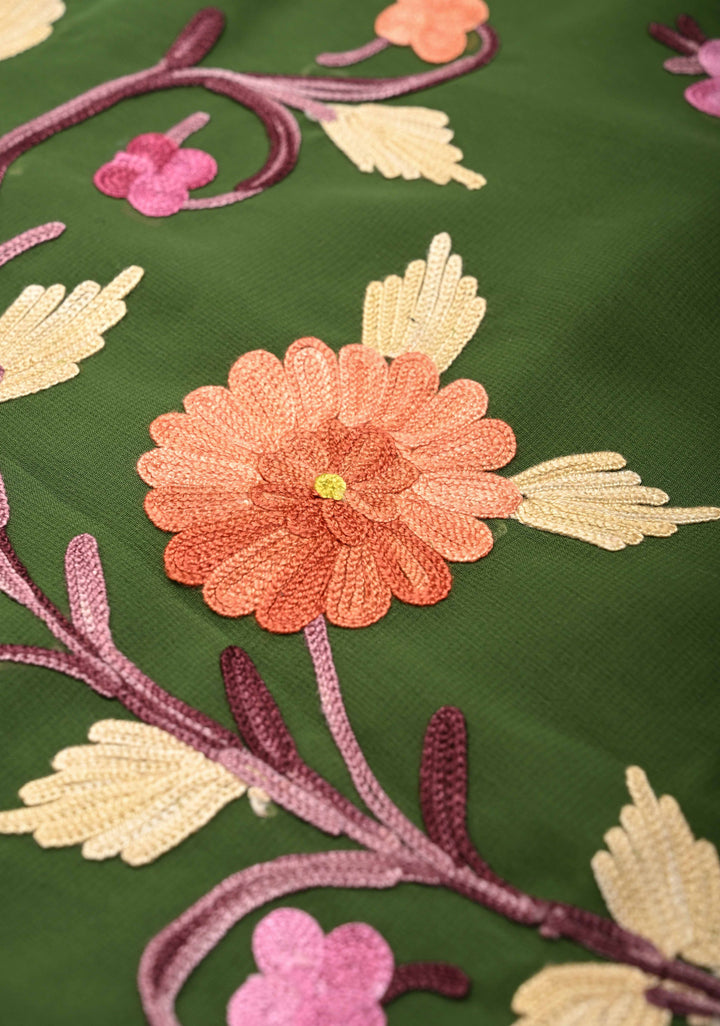 Ollive Green Kashmiri Aari Embroidered Floral Georgette Saree