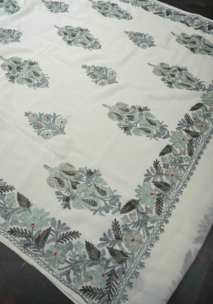 Off White Kashmiri Aari Georgette Saree with Grey Embroidery