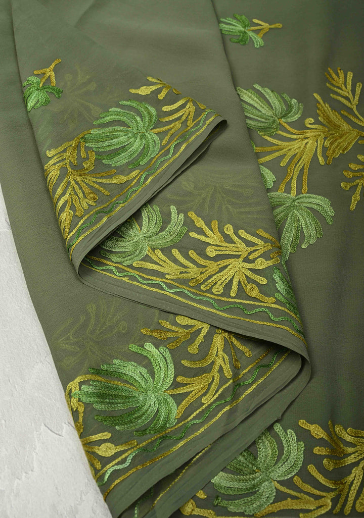 Cactus Green Kashmiri Aari Georgette Saree with Floral Embroidery
