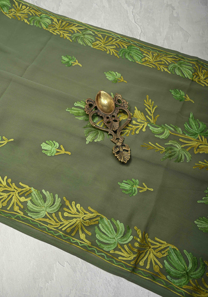 Cactus Green Kashmiri Aari Georgette Saree with Floral Embroidery