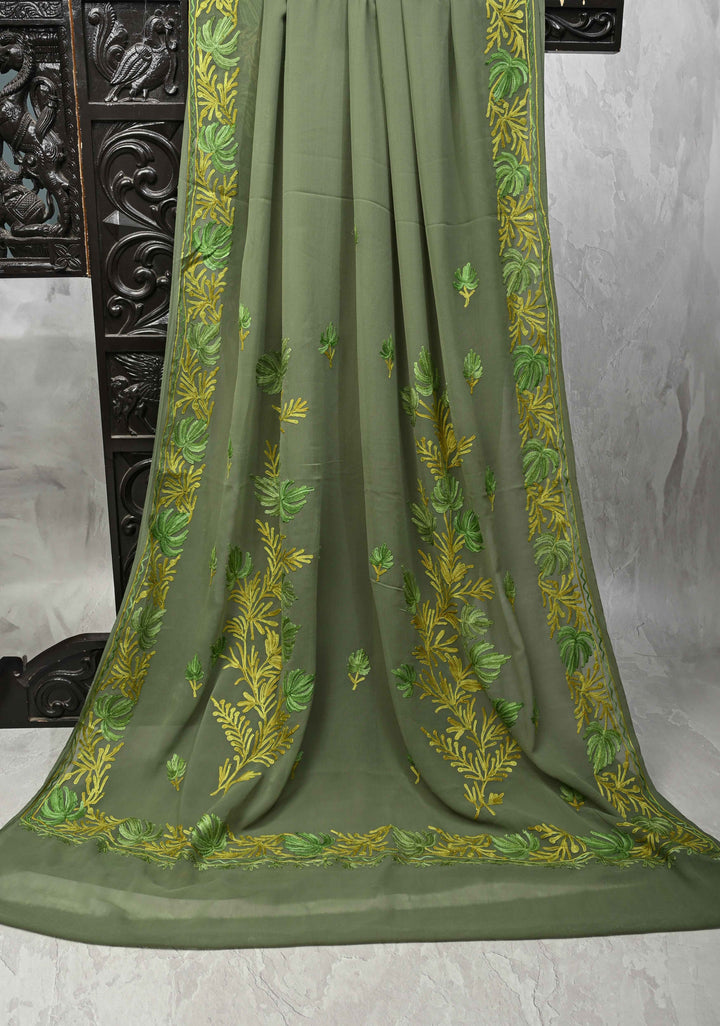 Cactus Green Kashmiri Aari Georgette Saree with Floral Embroidery