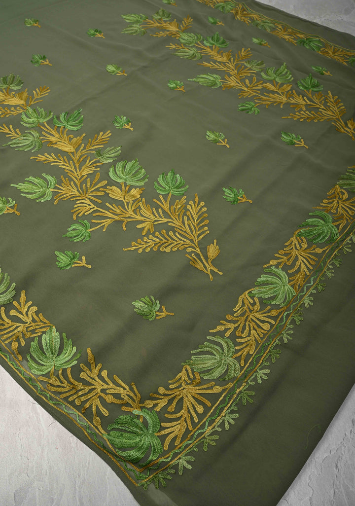 Cactus Green Kashmiri Aari Georgette Saree with Floral Embroidery