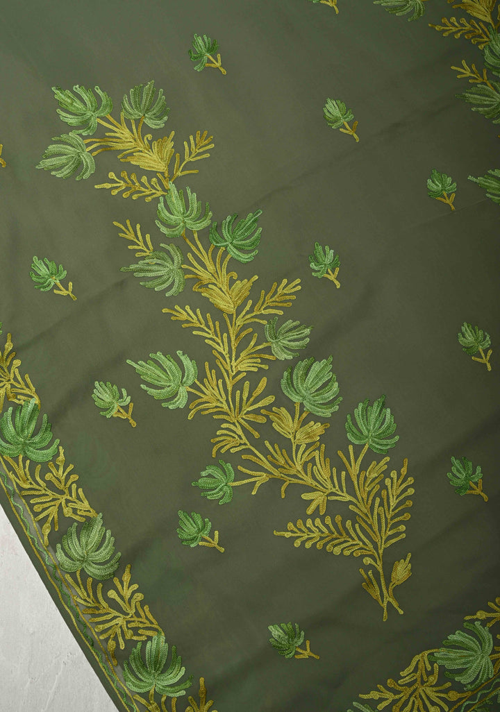 Cactus Green Kashmiri Aari Georgette Saree with Floral Embroidery